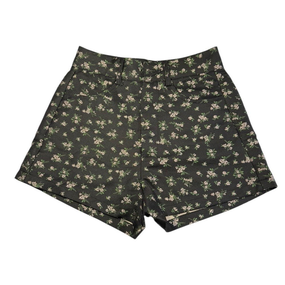 CIDER Floral Print‎ High Waisted Shorts XXS Dark Green Black Cottagecore